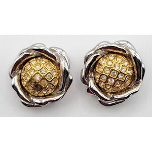 NOLAN MILLER‎ SILVER GOLD TONE RHINESTONE ROSE CLIP ON EARRINGS SIGNED VINTAGE